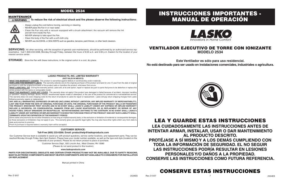 Instrucciones importantes - manual de operación, Lea y guarde estas instrucciones, Conserve estas instrucciones | Ventilador ejecutivo de torre con ionizante, Modelo 2534, Model 2534 | Lasko 2534 User Manual | Page 6 / 6