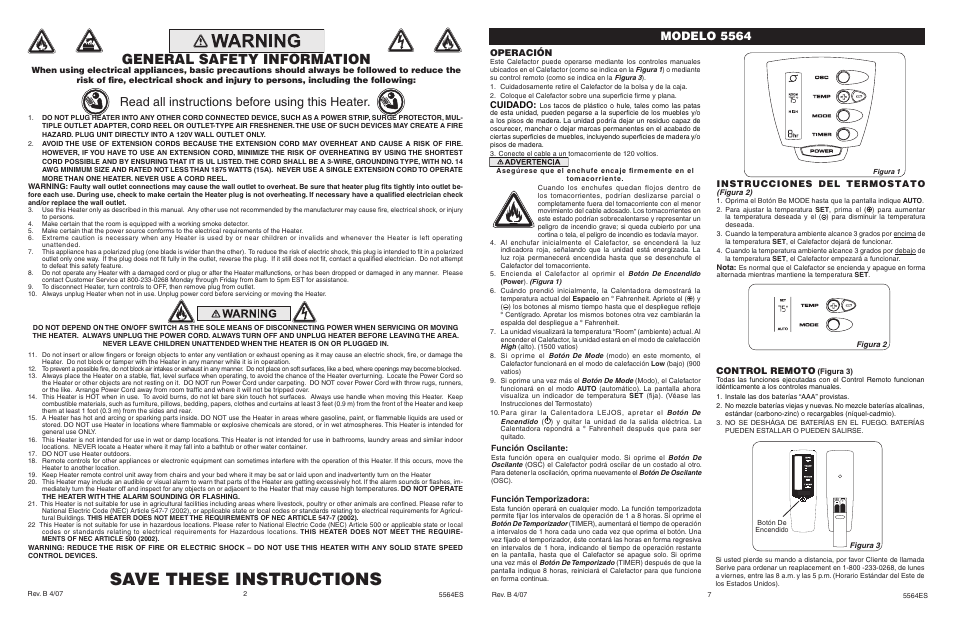 Save these instructions, General safety information, Read all instructions before using this heater | Modelo 5564, Operación, Cuidado, Instrucciones del termostato, Control remoto | Lasko 5564 User Manual | Page 2 / 4
