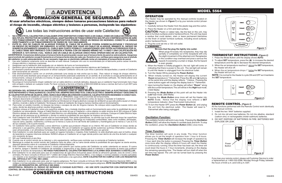 Conserver ces instructions, Información general de seguridad, Model 5564 | Thermostat instructions, Operation, Caution, Remote control | Lasko 5564 User Manual | Page 3 / 4