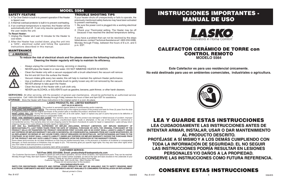 Instrucciones importantes - manual de uso, Lea y guarde estas instrucciones, Conserve estas instrucciones | Calefactor cerámico de torre con control remoto, Modelo 5564, Model 5564 | Lasko 5564 User Manual | Page 4 / 4