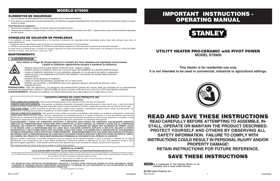 Lasko 675900 User Manual | 4 pages