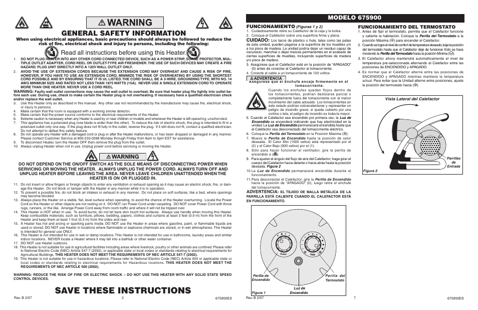 Save these instructions, General safety information, Read all instructions before using this heater | Funcionamiento, Cuidado, Funcionamiento del termostato | Lasko 675900 User Manual | Page 2 / 4