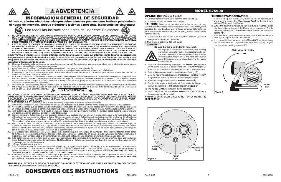 Conserver ces instructions, Información general de seguridad, Operation | Caution, Thermostat operation | Lasko 675900 User Manual | Page 3 / 4