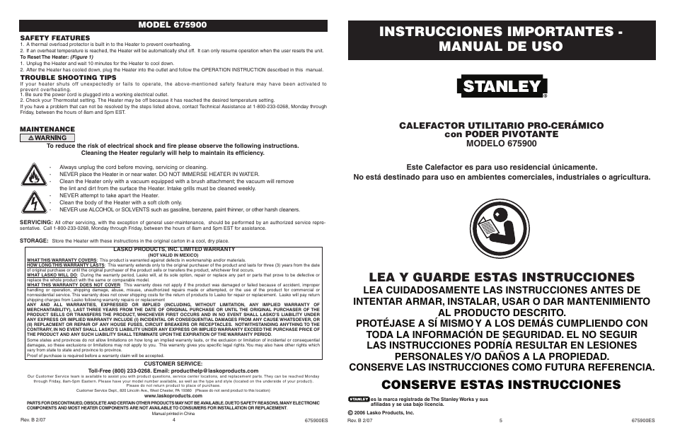 Instrucciones importantes - manual de uso, Lea y guarde estas instrucciones, Conserve estas instrucciones | Lasko 675900 User Manual | Page 4 / 4