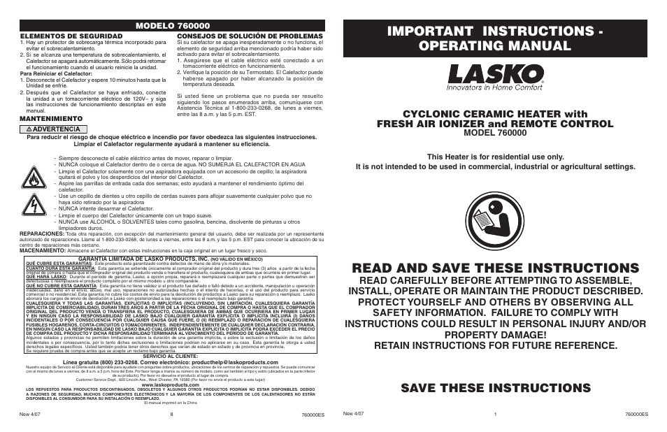 Lasko 760000 User Manual | 4 pages
