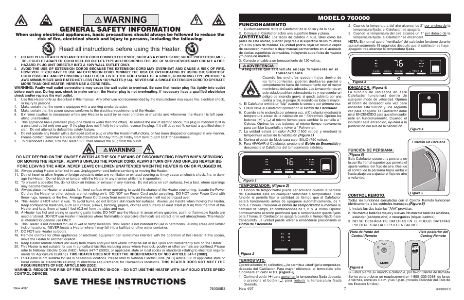 Save these instructions, General safety information, Read all instructions before using this heater | Funcionamiento | Lasko 760000 User Manual | Page 2 / 4