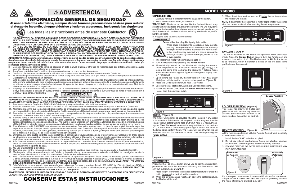 Conserve estas instrucciones, Información general de seguridad, Operation | Lasko 760000 User Manual | Page 3 / 4