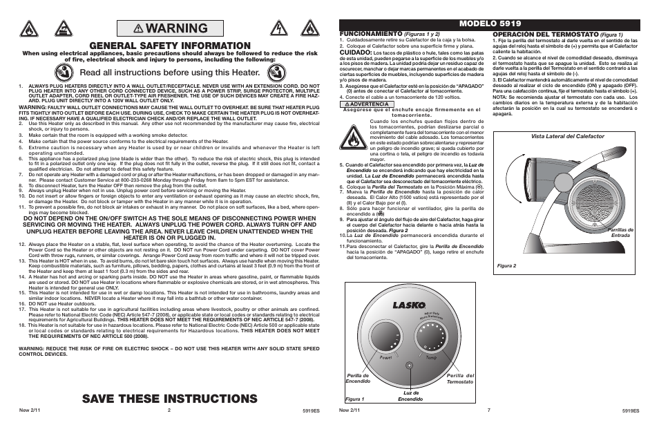 Save these instructions, General safety information, Read all instructions before using this heater | Modelo 5919, Funcionamiento, Cuidado, Operación del termostato | Lasko 5919 User Manual | Page 2 / 4