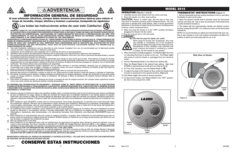 Conserve estas instrucciones, Información general de seguridad, Model 5919 | Operation, Caution, Thermostat instructions | Lasko 5919 User Manual | Page 3 / 4