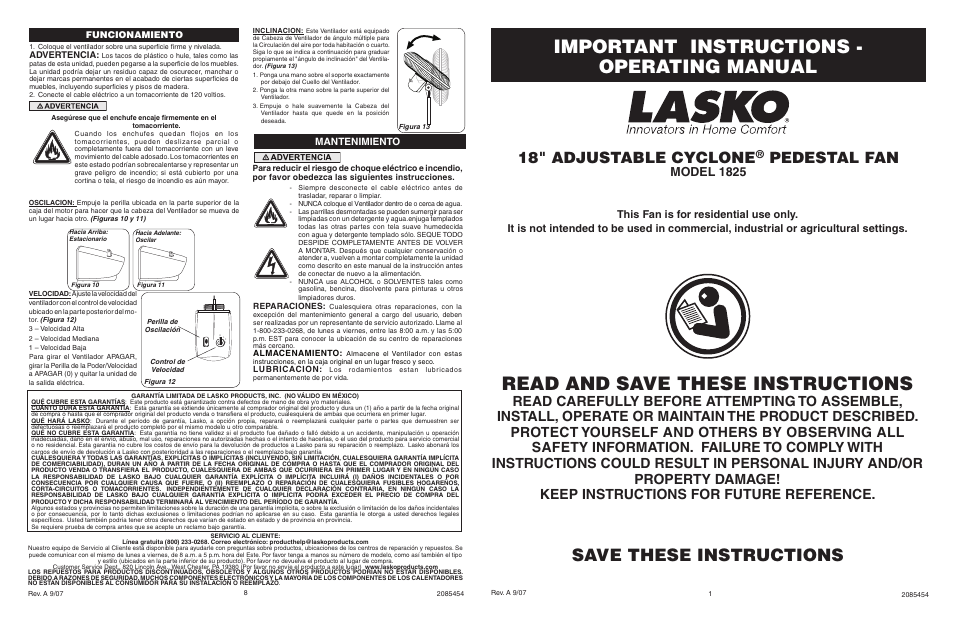 Lasko CYCLONE 1825 User Manual | 4 pages