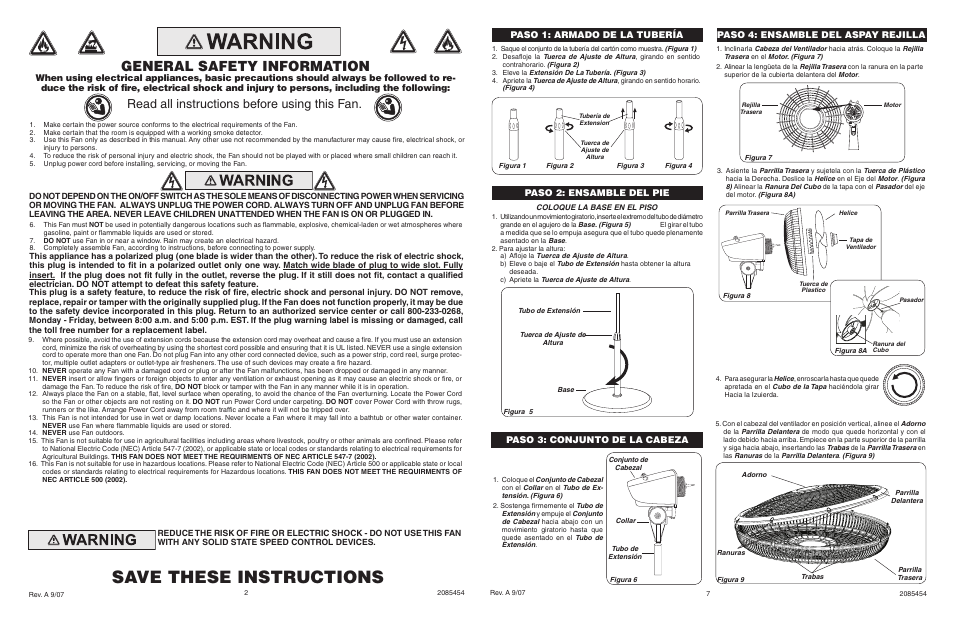 Save these instructions, General safety information, Read all instructions before using this fan | Model 5132, Paso 3: conjunto de la cabeza, Paso 1: armado de la tubería | Lasko CYCLONE 1825 User Manual | Page 2 / 4