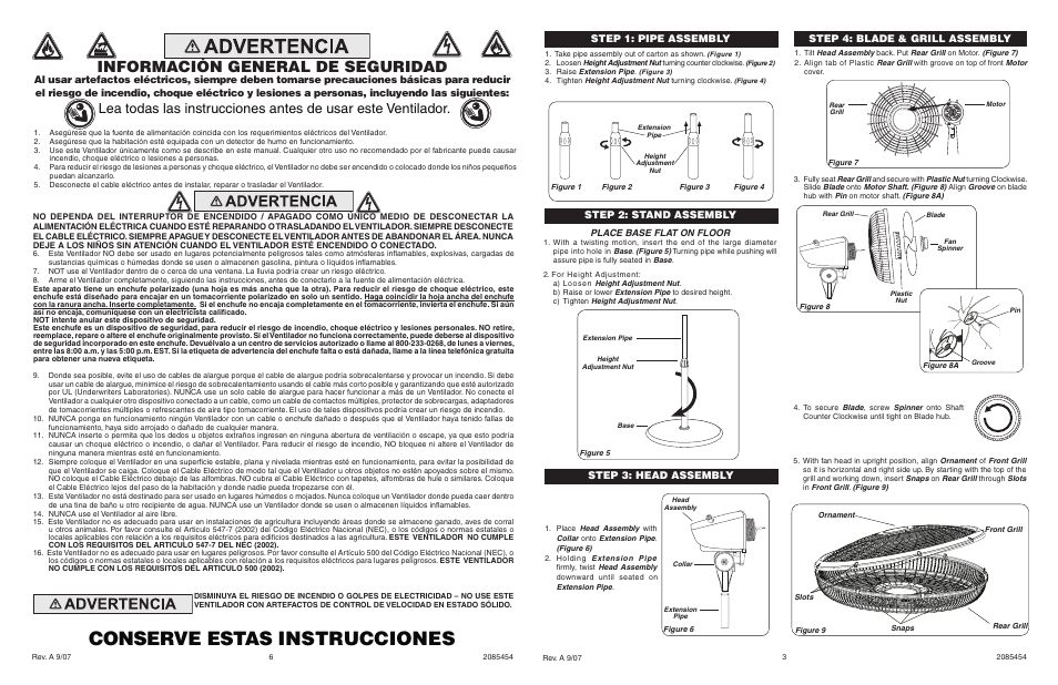 Conserve estas instrucciones, Información general de seguridad, Step 1: pipe assembly step 2: stand assembly | Step 4: blade & grill assembly, Step 3: head assembly | Lasko CYCLONE 1825 User Manual | Page 3 / 4
