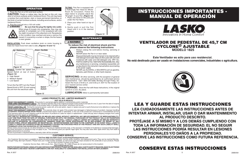Instrucciones importantes - manual de operación, Lea y guarde estas instrucciones, Conserve estas instrucciones | Modelo 1825 | Lasko CYCLONE 1825 User Manual | Page 4 / 4