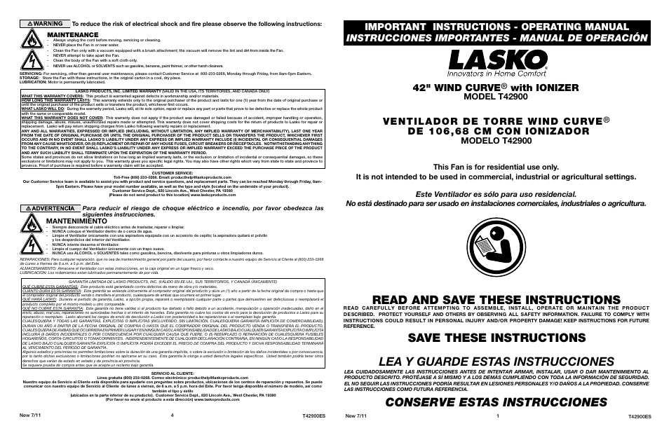 Lasko WIND CURVE T42900 User Manual | 2 pages