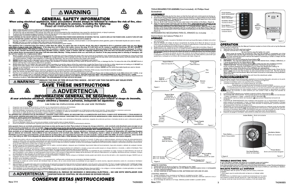 Conserve estas instrucciones, Save these instructions, General safety information | Información general de seguridad, Read all instructions before using this fan, Operation, Funcionamiento, Assembly, Armado | Lasko WIND CURVE T42900 User Manual | Page 2 / 2