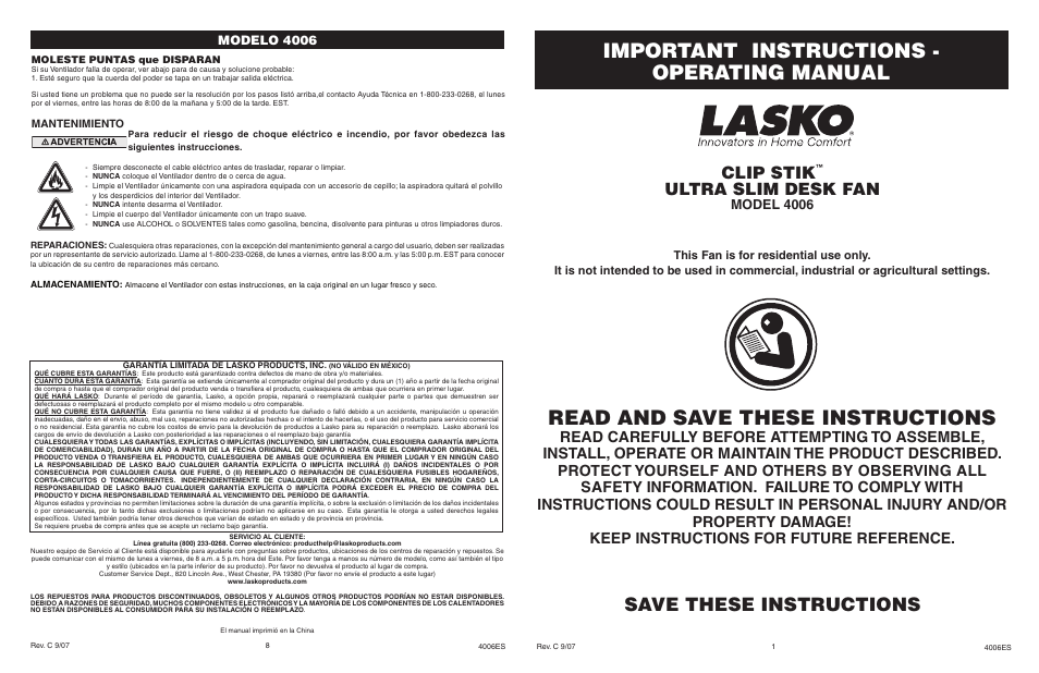 Lasko 4006 User Manual | 4 pages