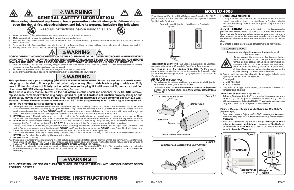 Save these instructions, General safety information, Read all instructions before using this fan | Modelo 4006, Funcionamiento, Advertencia, Armado | Lasko 4006 User Manual | Page 2 / 4