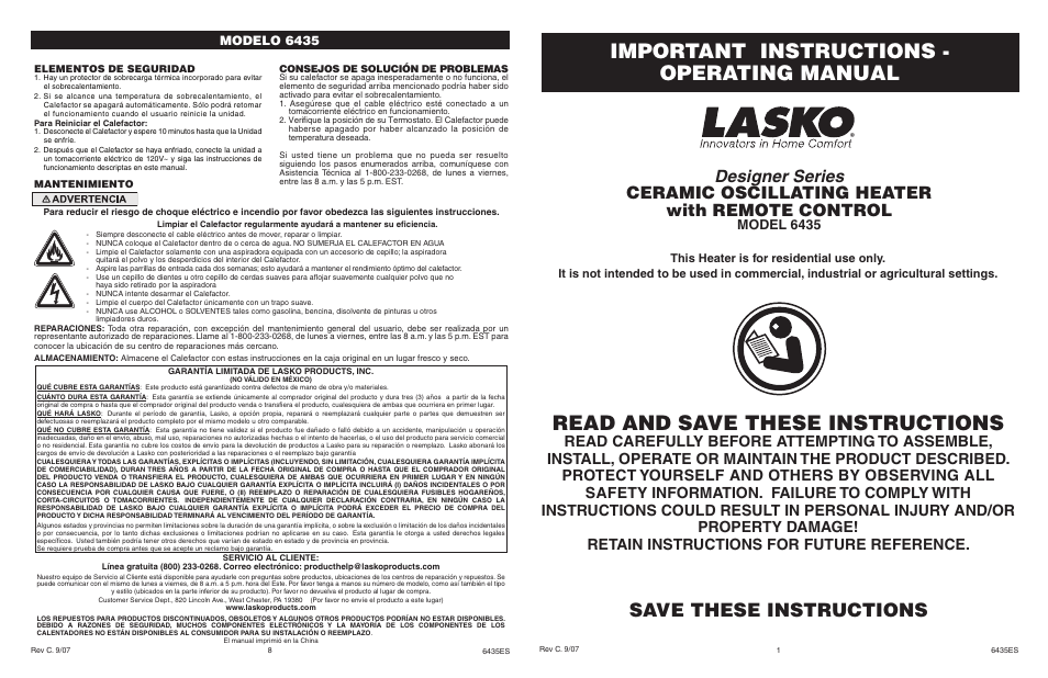 Lasko 6435 User Manual | 4 pages