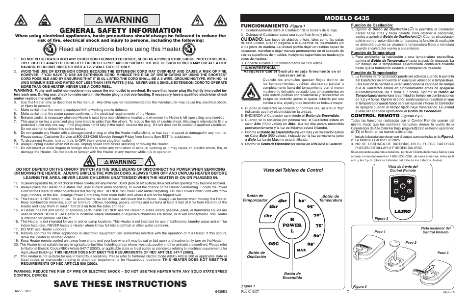 Save these instructions, General safety information, Read all instructions before using this heater | Modelo 6435, Funcionamiento, Cuidado, Control remoto, Vista del tablero de control | Lasko 6435 User Manual | Page 2 / 4