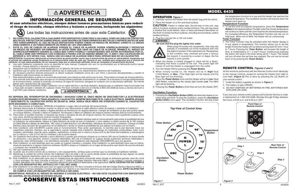 Conserve estas instrucciones, Información general de seguridad, Model 6435 | Operation, Caution, Remote control | Lasko 6435 User Manual | Page 3 / 4