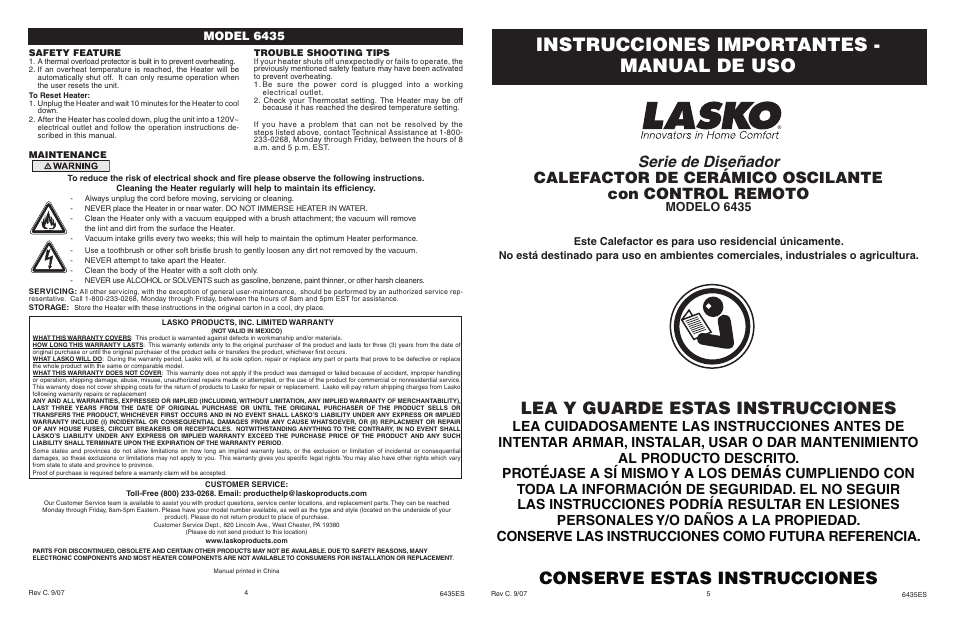 Instrucciones importantes - manual de uso, Lea y guarde estas instrucciones, Conserve estas instrucciones | Modelo 6435, Model 6435 | Lasko 6435 User Manual | Page 4 / 4