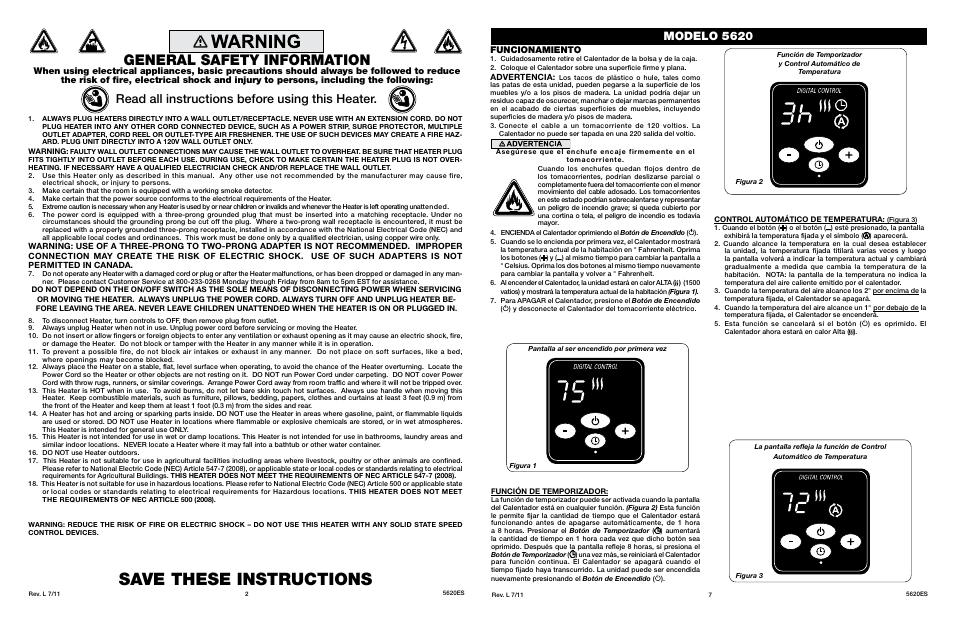 Save these instructions, General safety information, Read all instructions before using this heater | Modelo 5620, Funcionamiento | Lasko 5620 User Manual | Page 2 / 4