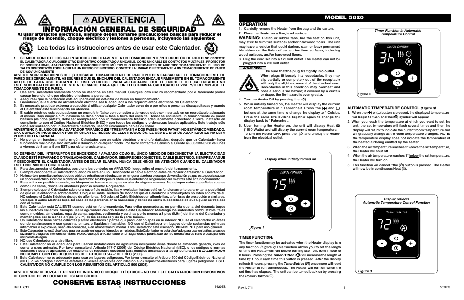 Conserve estas instrucciones, Información general de seguridad, Model 5620 | Operation | Lasko 5620 User Manual | Page 3 / 4