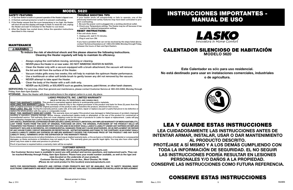 Instrucciones importantes - manual de uso, Lea y guarde estas instrucciones, Conserve estas instrucciones | Calentador silencioso de habitación, Modelo 5620, Model 5620 | Lasko 5620 User Manual | Page 4 / 4