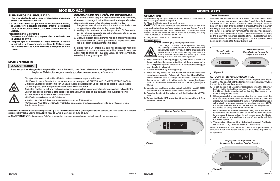 Modelo 6221, Model 6221, Operation | Caution, Mantenimiento, Consejos de solución de problemas, Elementos de seguridad | Lasko Flat Panel Ceramic Heater 6221 User Manual | Page 3 / 6