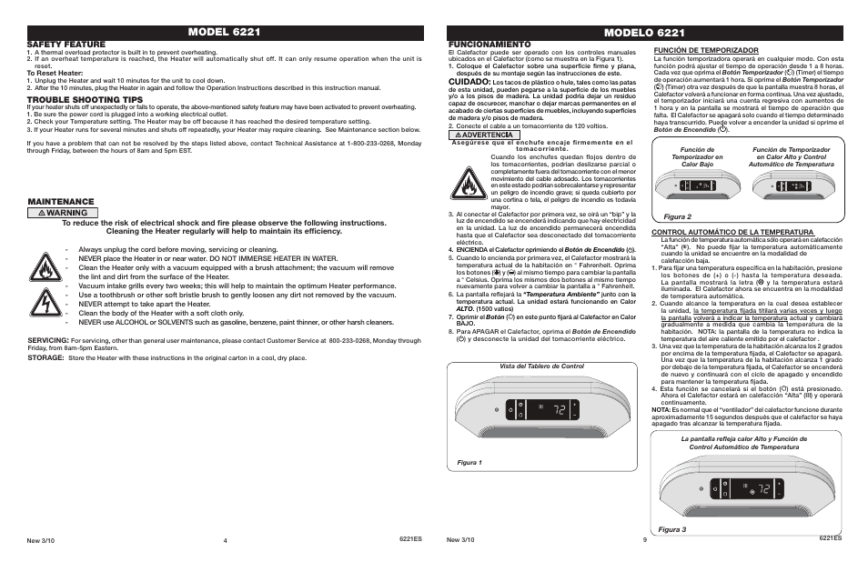 Modelo 6221, Model 6221, Maintenance | Safety feature, Trouble shooting tips, Funcionamiento, Cuidado | Lasko Flat Panel Ceramic Heater 6221 User Manual | Page 4 / 6