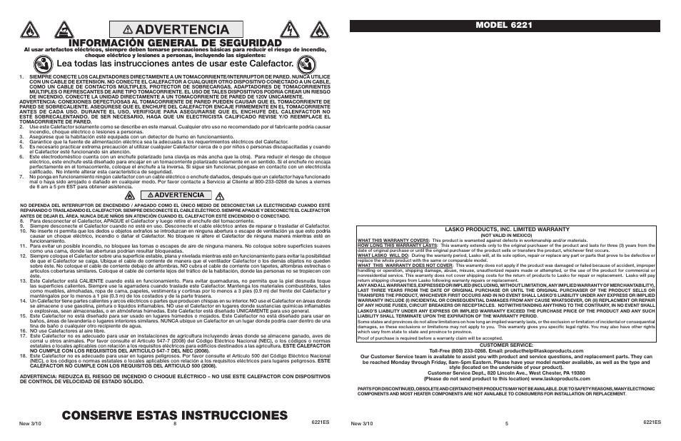 Conserve estas instrucciones, Información general de seguridad, Model 6221 | Lasko Flat Panel Ceramic Heater 6221 User Manual | Page 5 / 6