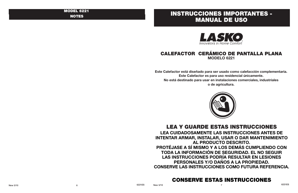 Instrucciones importantes - manual de uso, Lea y guarde estas instrucciones, Conserve estas instrucciones | Calefactor cerámico de pantalla plana | Lasko Flat Panel Ceramic Heater 6221 User Manual | Page 6 / 6