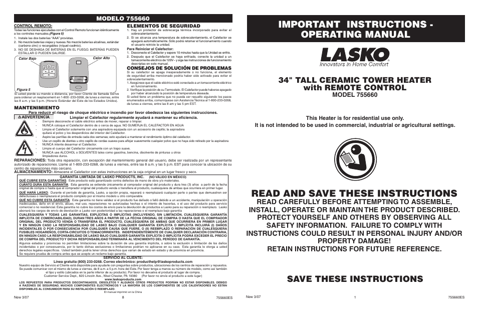 Lasko 755660 User Manual | 4 pages