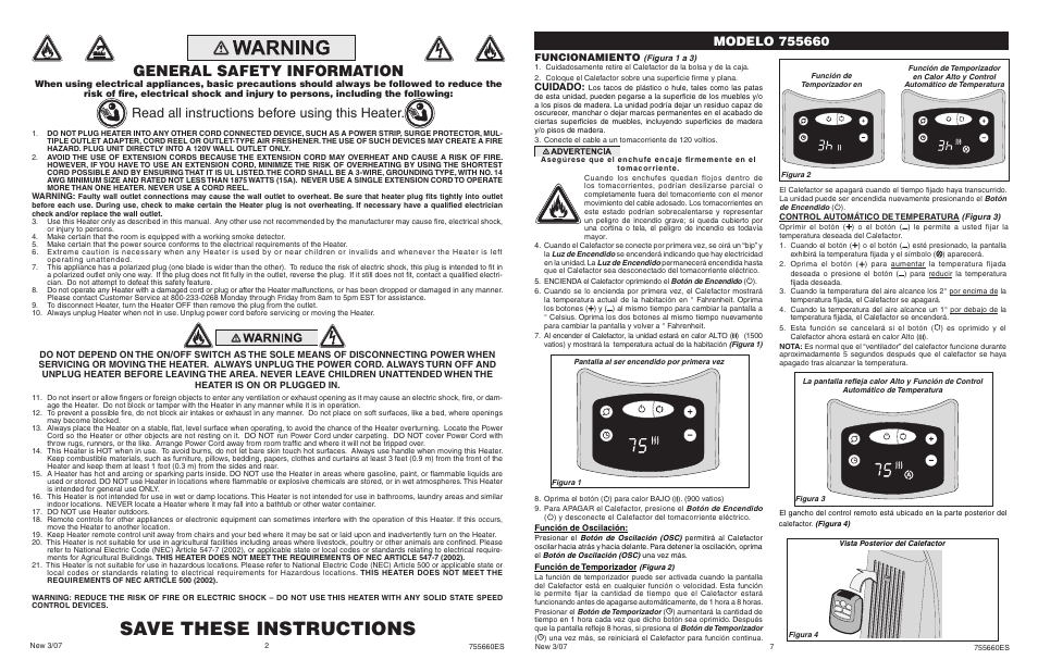 Save these instructions, General safety information, Read all instructions before using this heater | Funcionamiento, Cuidado | Lasko 755660 User Manual | Page 2 / 4