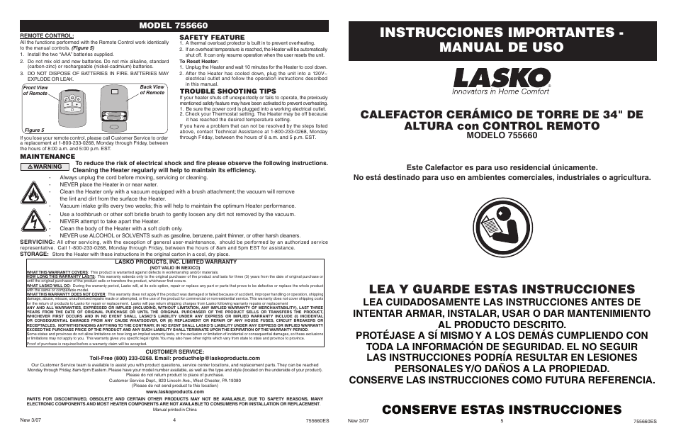 Instrucciones importantes - manual de uso, Lea y guarde estas instrucciones, Conserve estas instrucciones | Lasko 755660 User Manual | Page 4 / 4