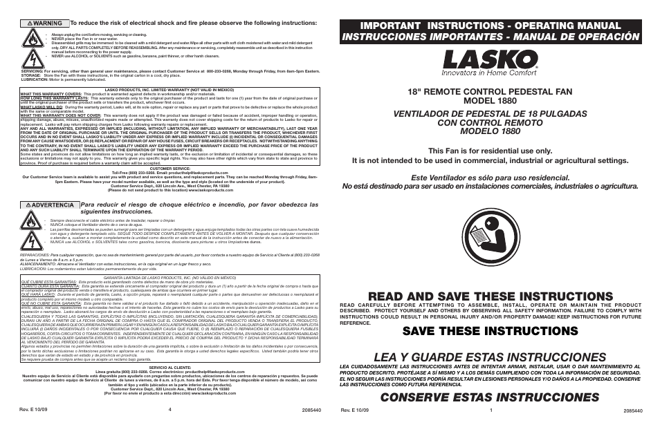 Lasko 1880 User Manual | 2 pages