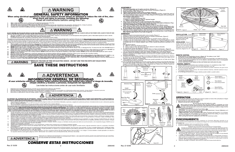 Conserve estas instrucciones, Save these instructions, General safety information | Información general de seguridad, Read all instructions before using this fan, Operation, Funcionamiento, Assembly, Armado | Lasko 1880 User Manual | Page 2 / 2