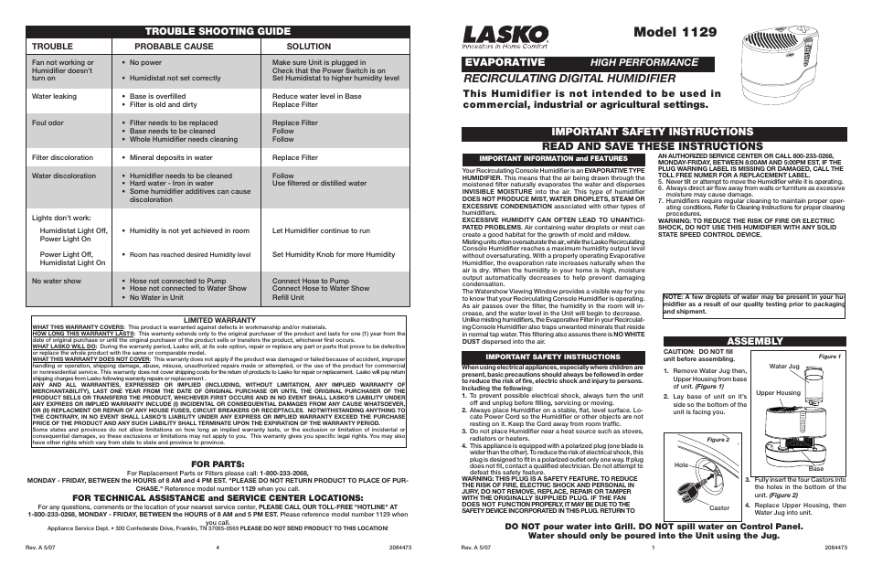 Lasko 1129 User Manual | 4 pages