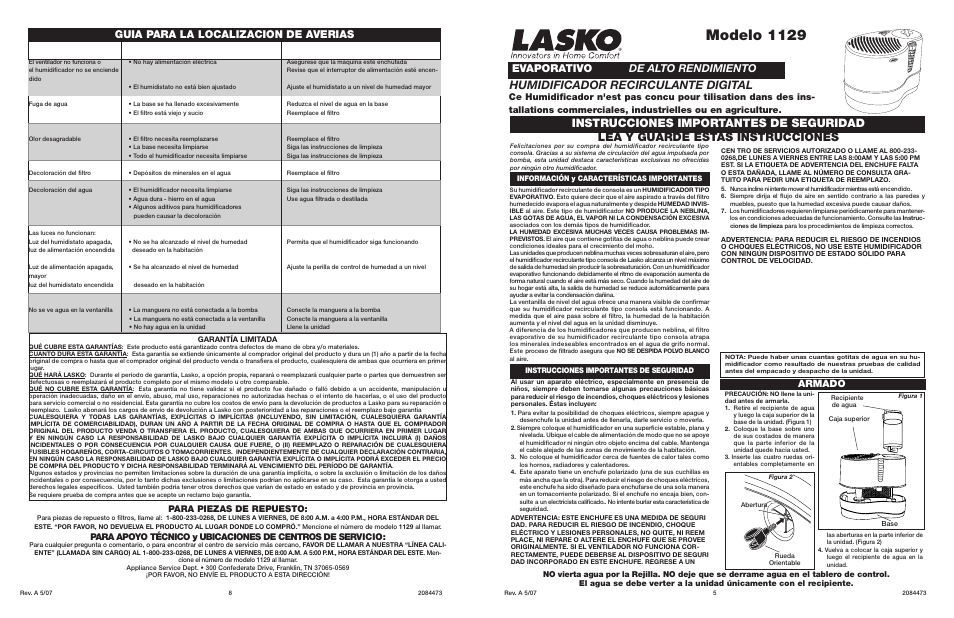 Modelo 1129, Humidificador recirculante digital, Guia para la localizacion de averias | Evaporativo de alto rendimiento, Armado, Para piezas de repuesto | Lasko 1129 User Manual | Page 3 / 4