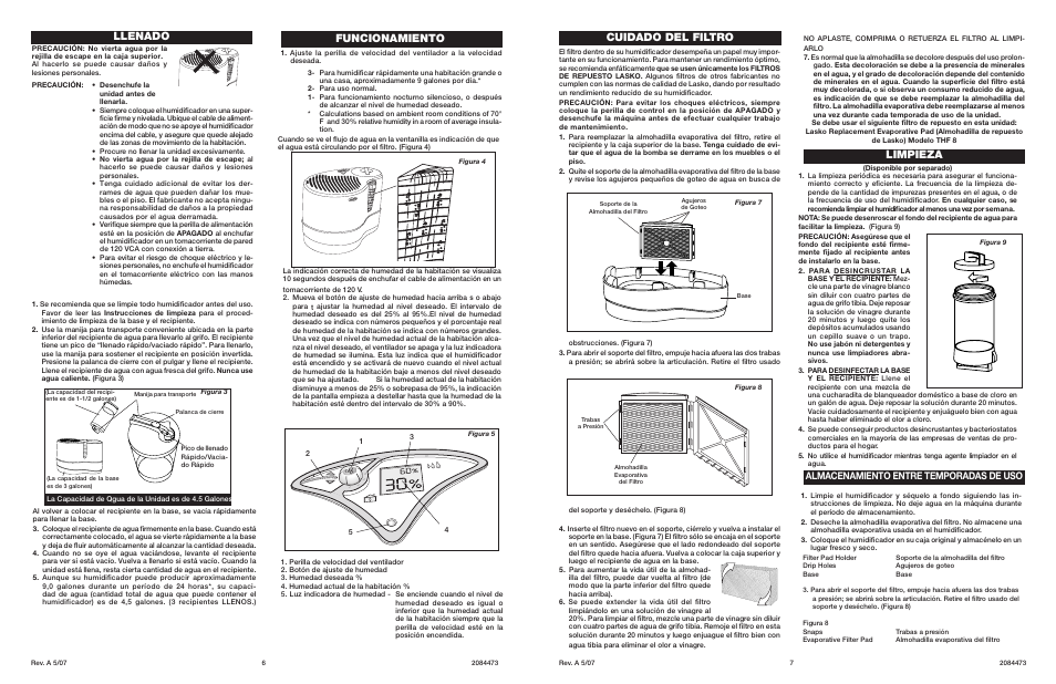 Cuidado del filtro, Limpieza, Llenado | Funcionamiento, Almacenamiento entre temporadas de uso | Lasko 1129 User Manual | Page 4 / 4