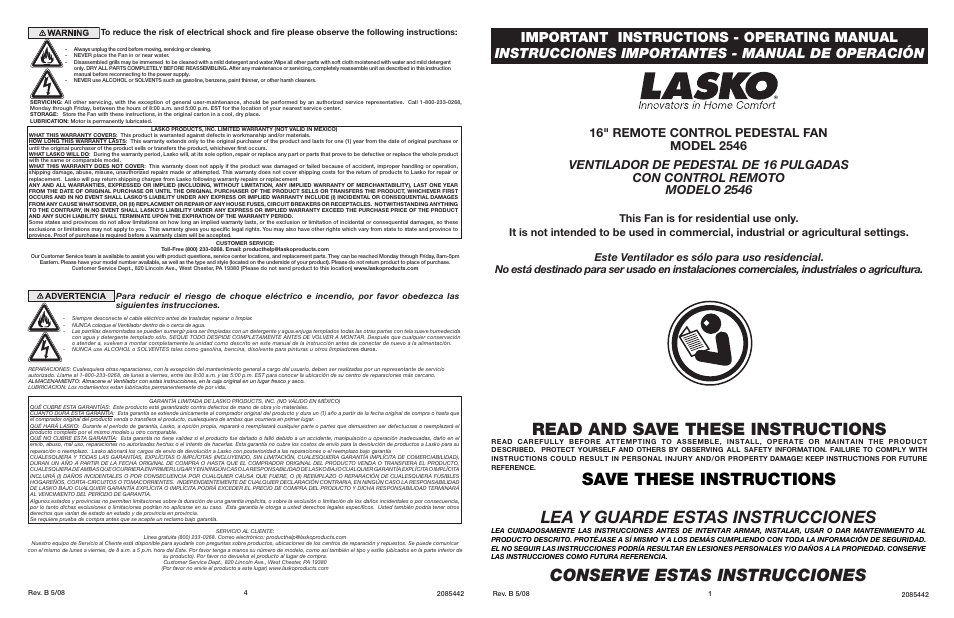 Lasko 2546 User Manual | 2 pages