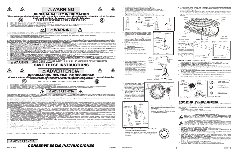 Conserve estas instrucciones, Save these instructions, General safety information | Información general de seguridad, Read all instructions before using this fan, Operation funcionamiento | Lasko 2546 User Manual | Page 2 / 2