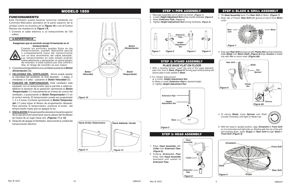 Modelo 1850, Funcionamiento, Step 1: pipe assembly step 2: stand assembly | Step 4: blade & grill assembly, Step 3: head assembly | Lasko 1850 User Manual | Page 3 / 6