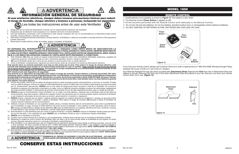 Conserve estas instrucciones, Información general de seguridad, Model 1850 | Remote control | Lasko 1850 User Manual | Page 5 / 6