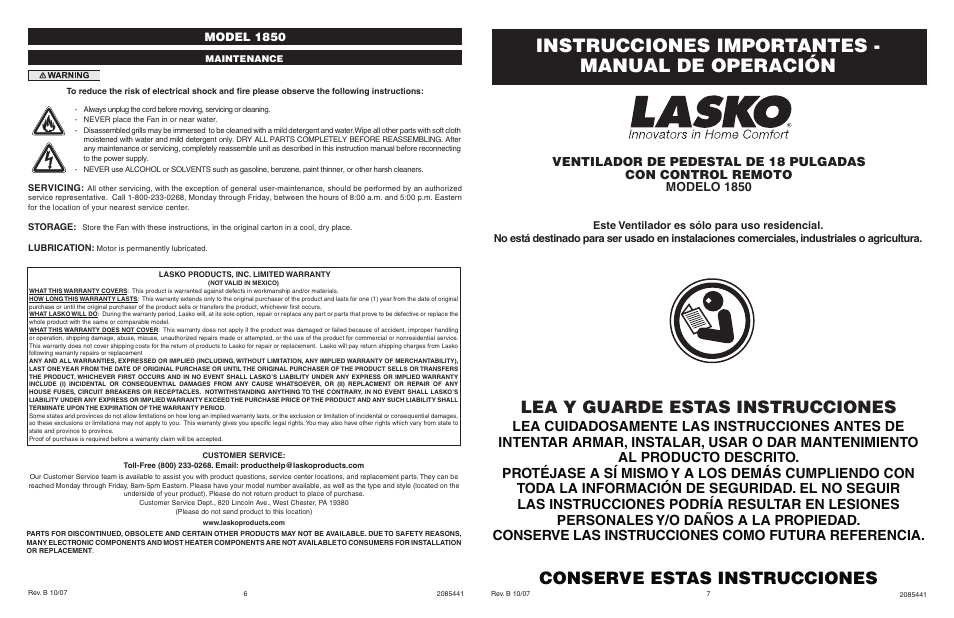 Instrucciones importantes - manual de operación, Lea y guarde estas instrucciones, Conserve estas instrucciones | Model 1850 | Lasko 1850 User Manual | Page 6 / 6