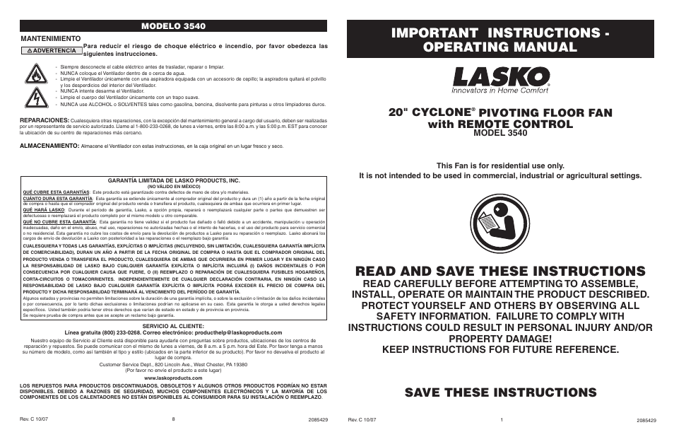 Lasko 3540 User Manual | 4 pages