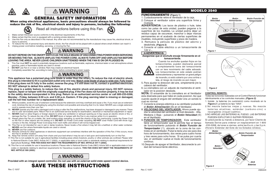 Save these instructions, General safety information, Read all instructions before using this fan | Modelo 3540, Model 5132, Funcionamiento, Advertencia, Nota | Lasko 3540 User Manual | Page 2 / 4