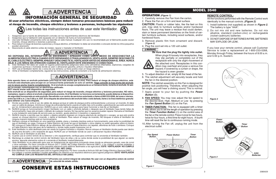 Conserve estas instrucciones, Información general de seguridad, Model 3540 | Operation, Caution, Remote control | Lasko 3540 User Manual | Page 3 / 4