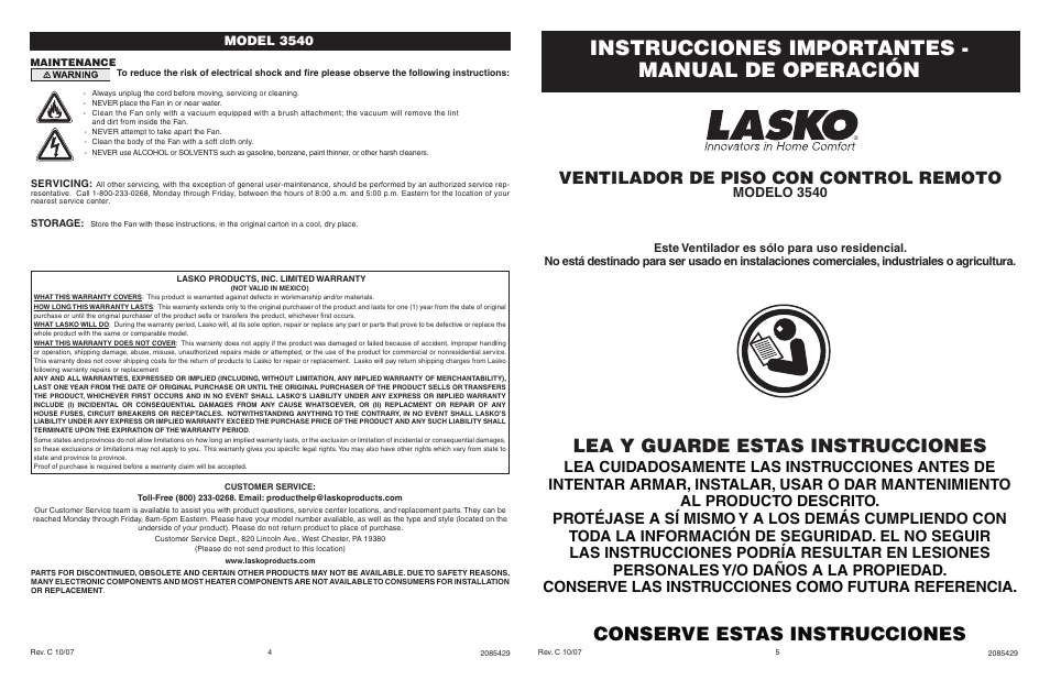 Instrucciones importantes - manual de operación, Lea y guarde estas instrucciones, Conserve estas instrucciones | Ventilador de piso con control remoto, Modelo 3540, Model 3540 | Lasko 3540 User Manual | Page 4 / 4