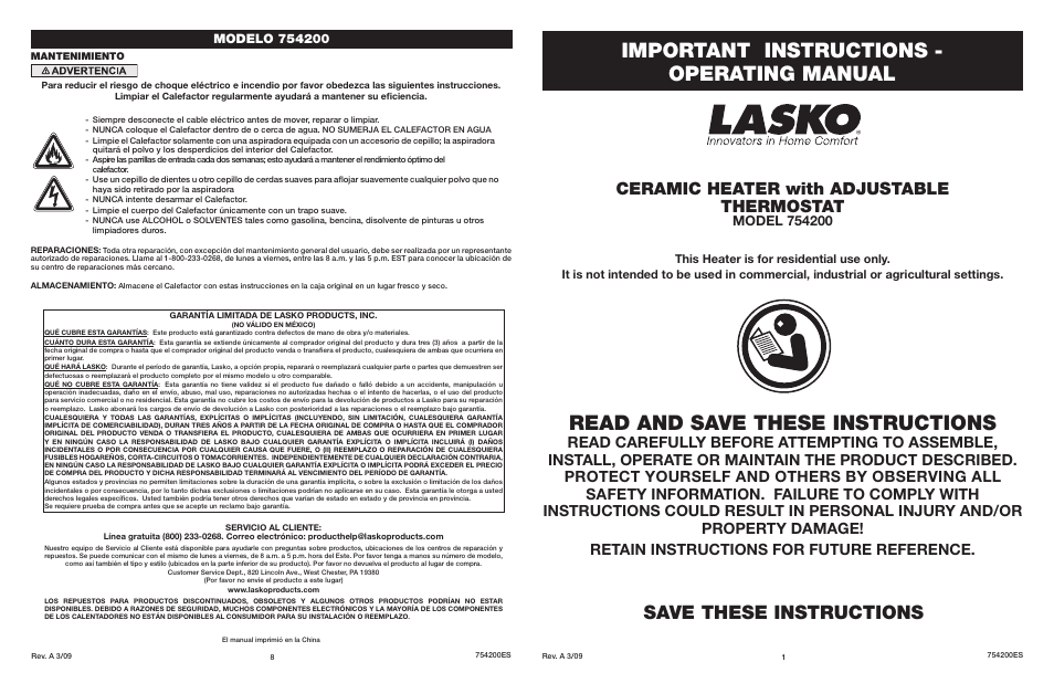 Lasko 754200 User Manual | 4 pages